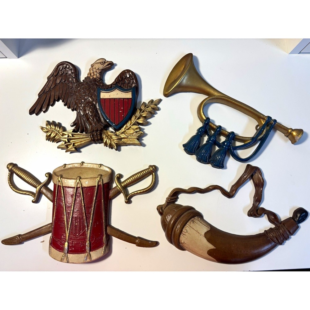 Sexton USA Cast Metal Wall Plaques Set of 4 Americana Drum Eagle Bugle VINTAGE